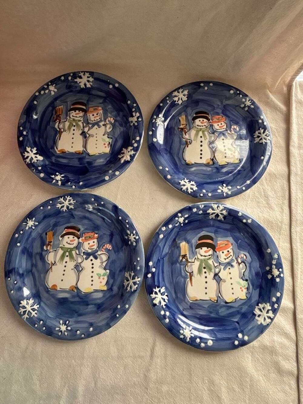 Tabletops Unlimited Snowman Couple Hand Painted Blue Christmas Dinner Plates Set